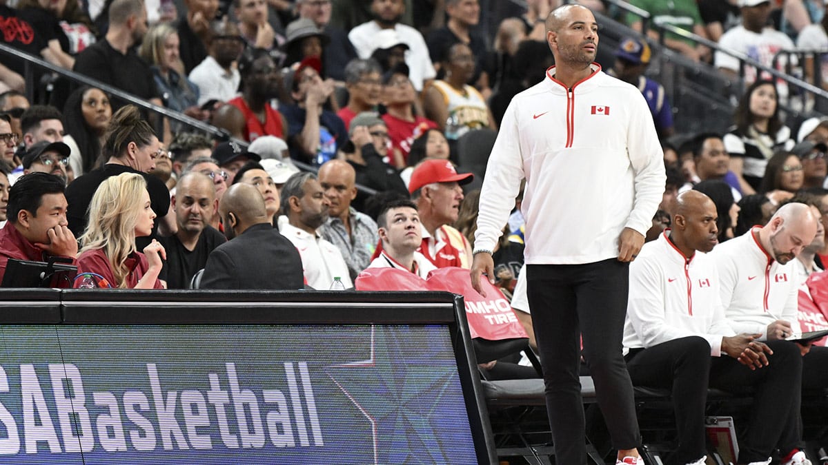 Canada head coach Jordi Fernandez during the first quarter against USA in the USA Basketball Showcase at T-Mobile Arena.