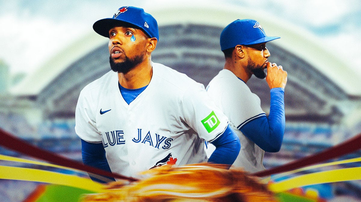 Jose Cuas in a Toronto Blue Jays uniform with a tear drop coming out of an eye as he had an historically bad MLB pitching performance for the Blue Jays.