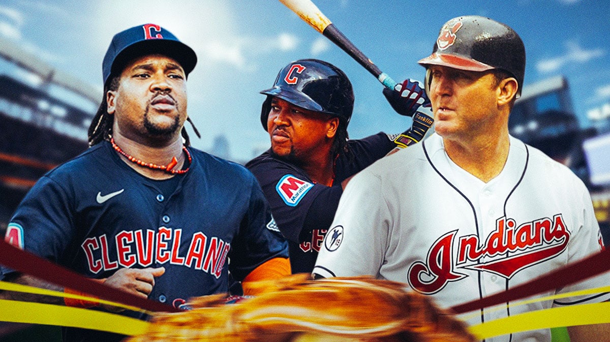 Guardians Jose Ramirez and Jim Thome. In background, have Jose Ramirez swinging a baseball bat at Progressive Field.