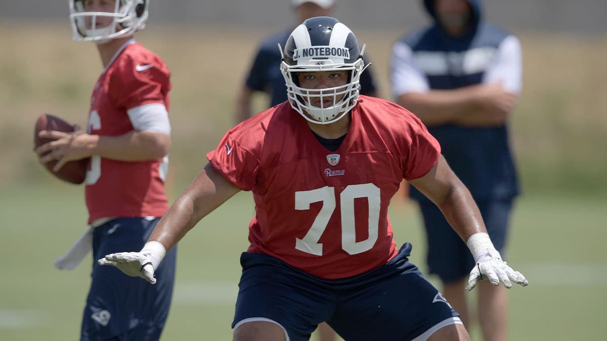 Los Angeles Rams tackle Joseph Noteboom (70) blocks for quarterback Jared Goff (16) during minicamp at Cal Lutheran University.