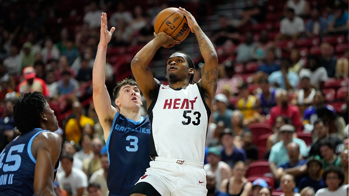 Miami Heat guard Josh Christopher (53) shoots the ball against Memphis Grizzlies forward Jake LaRavia (3) during the first half at Thomas & Mack Center.