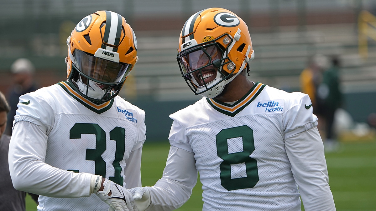 Green Bay Packers running back Emanuel Wilson (31) and running back Josh Jacobs (8) are shown during the team’s minicamp.