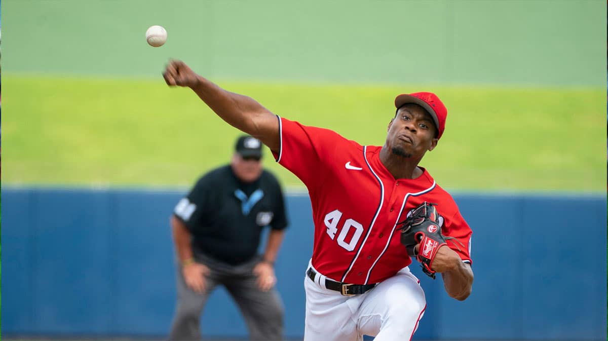 Washington Nationals pitcher Josiah Gray throws the ball against the St. Louis Cardinals during a spring training game at the Ballpark of the Palm Beaches in West Palm Beach, Florida 