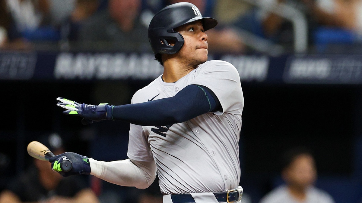 New York Yankees outfielder Juan Soto (22) hits a solo home run against the Tampa Bay Rays in the third inning at Tropicana Field.