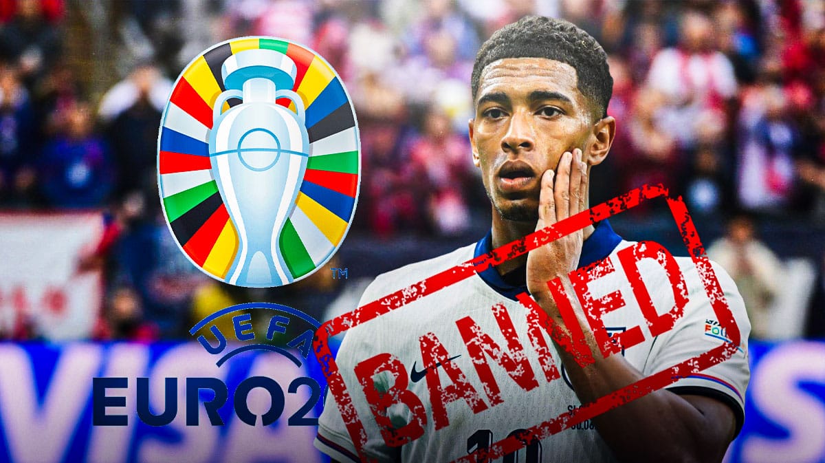 Jude Bellingham with a 'BANNED' stamp in front of him and the Euro 2024 logo behind him