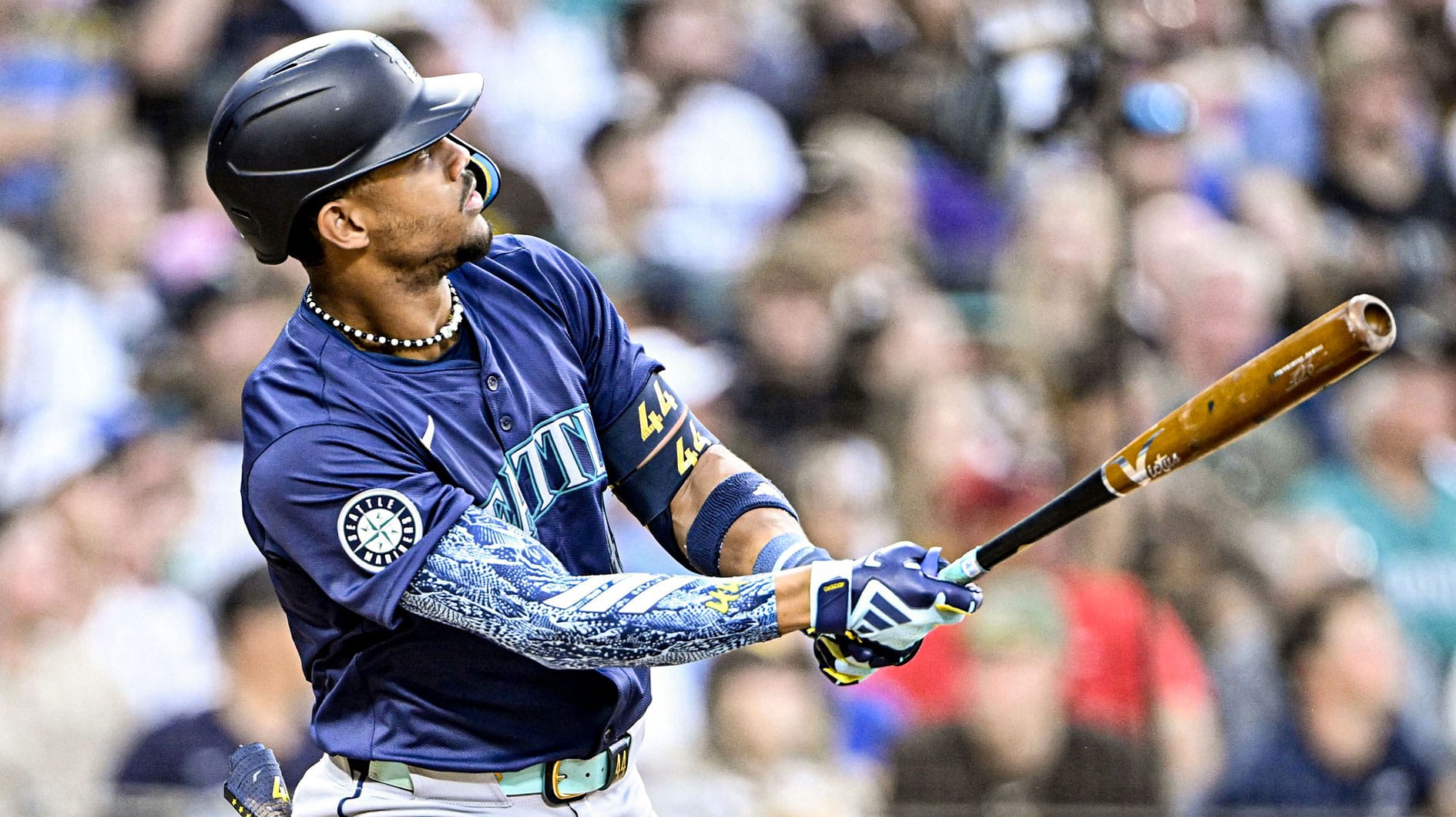 Seattle Mariners center fielder Julio Rodriguez (44) hits a solo home run during the fifth inning against the San Diego Padres at Petco Park. 