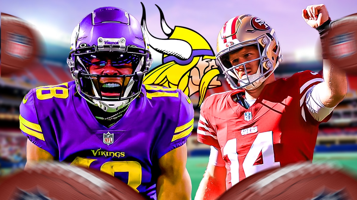 Vikings' Justin Jefferson stands next to ex-49ers quarterback Sam Darnold, Kirk Cousins in background