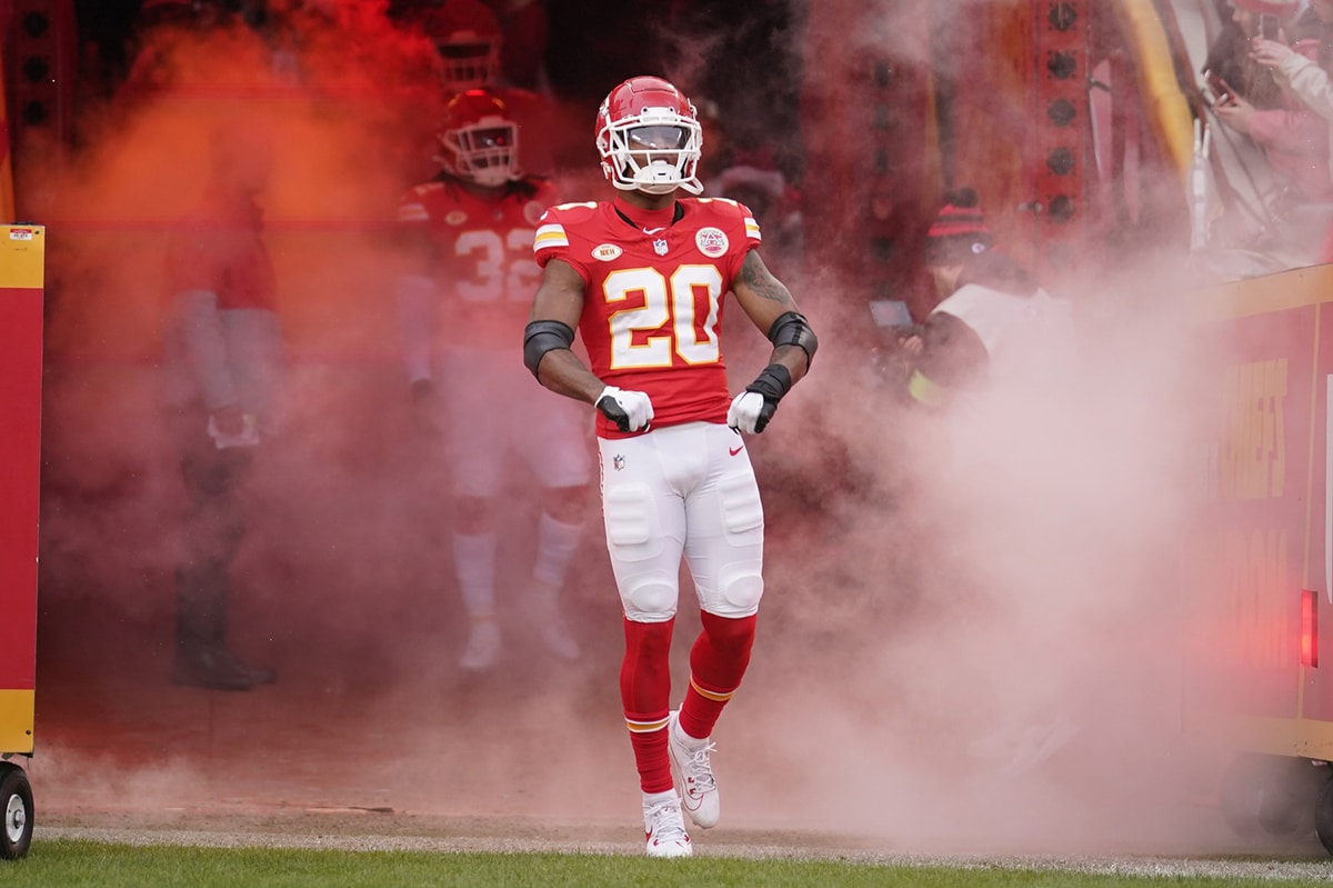 Kansas City Chiefs safety Justin Reid (20) is introduced against the Las Vegas Raiders prior to a game at GEHA Field at Arrowhead Stadium.