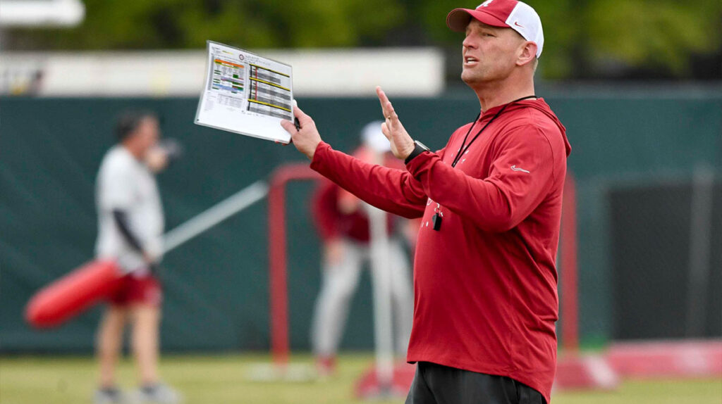 Alabama head coach Kalen DeBoer gives directions during practice at the University Alabama Thursday.