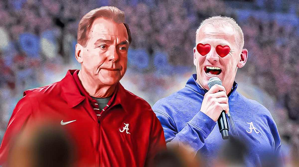 Kalen DeBoer in Alabama gear with heart eyes looking at Nick Saban.