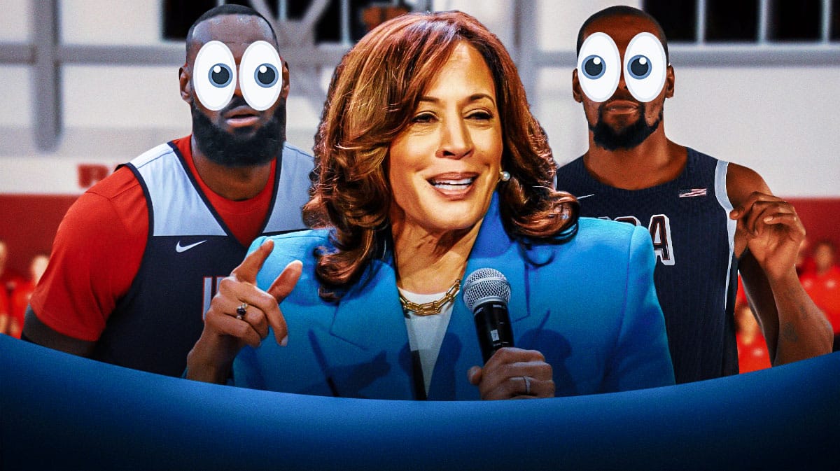 Kamala Harris on one side, LeBron James and Kevin Durant in Team USA uniforms with the big eyes emoji over their faces