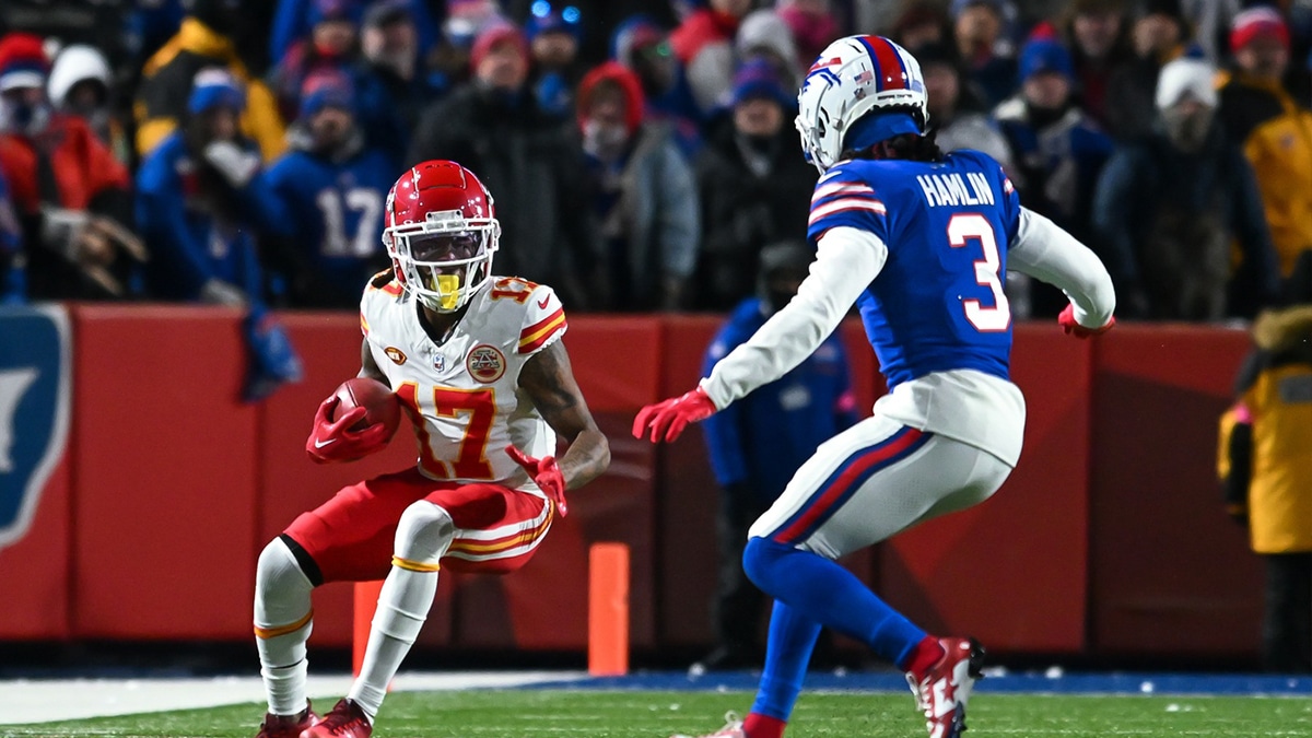 Jan 21, 2024; Orchard Park, New York, USA; Kansas City Chiefs wide receiver Richie James (17) and Buffalo Bills safety Damar Hamlin (3) in the first half of a 2024 AFC divisional round game at Highmark Stadium. Mandatory Credit: Mark Konezny-USA TODAY Sports