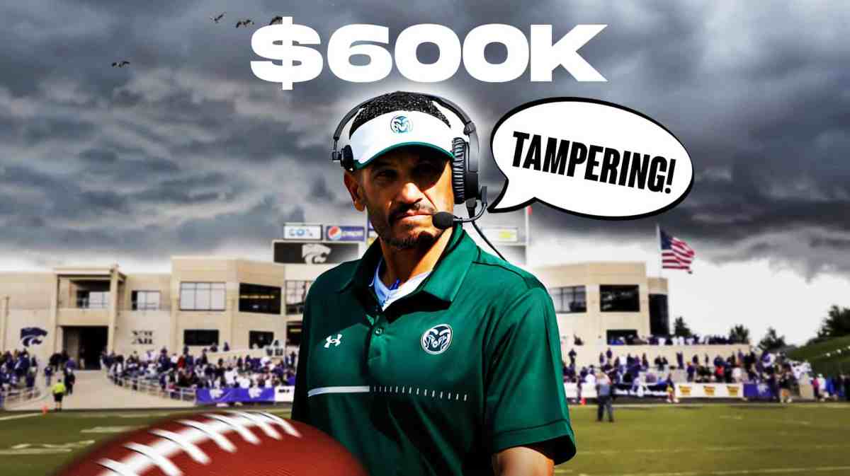 $600K text and Kansas State football team logo in the background. Jay Norvell with speech bubble "Tampering!"