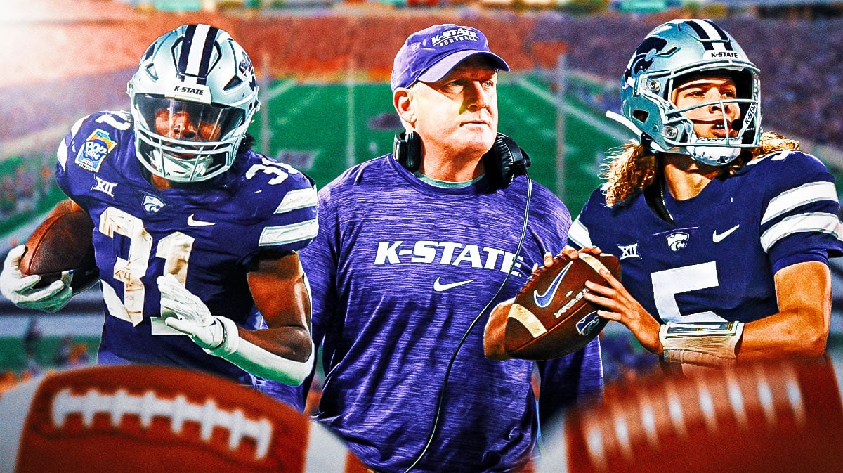 Kansas State football, Wildcats, DJ Giddens, Avery Johnson, 2024 Kansas State football, DJ Giddens, Avery Johnson and Chris Klieman with Kansas State football stadium in the background