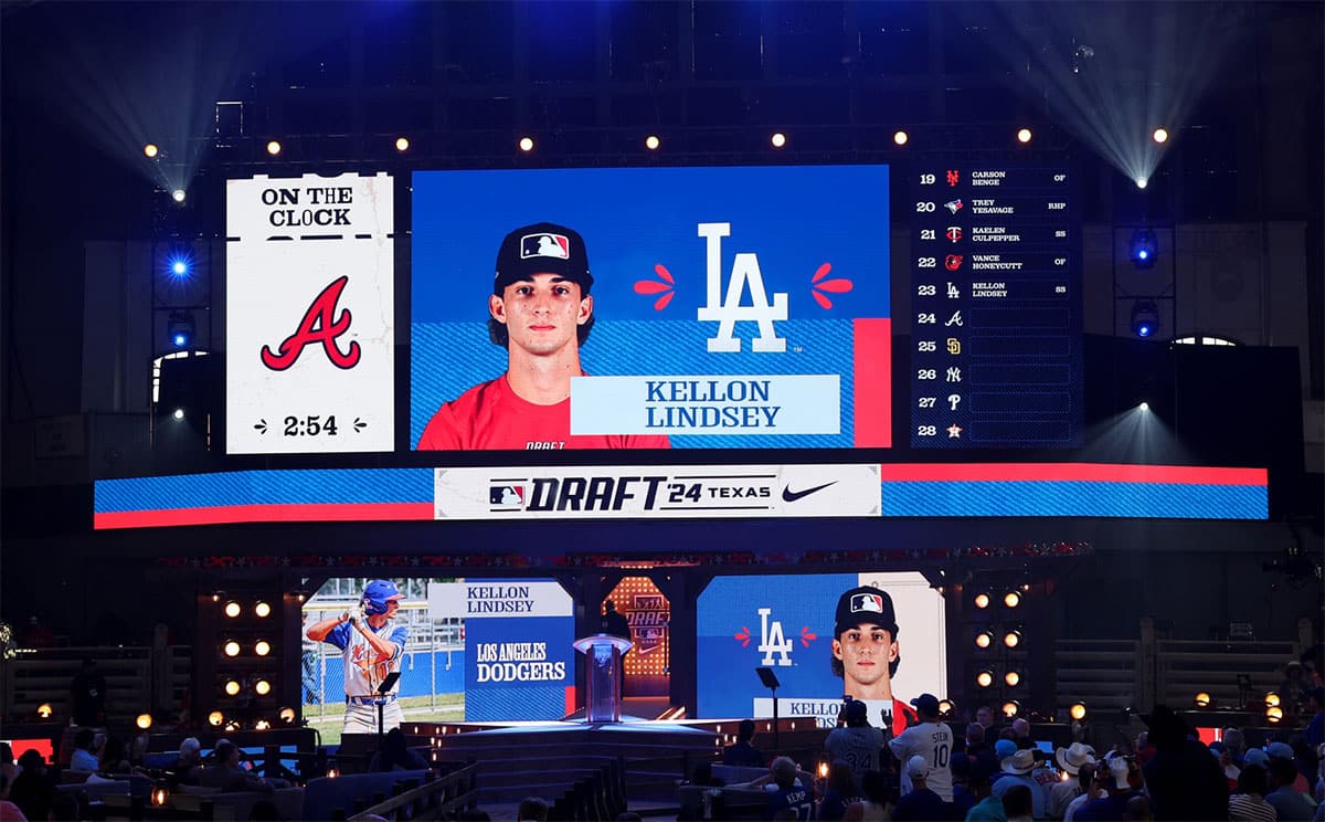 Kellon Lindsey is drafted by the Los Angeles Dodgers with the 23rd pick during the first round of the MLB Draft at Cowtown Coliseum.