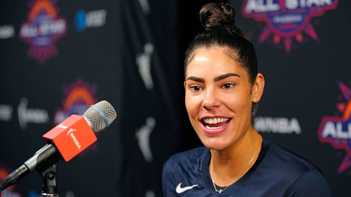 Team USA guard Kelsey Plum speaks to the press during WNBA All-Star Media Day at the Footprint Center.