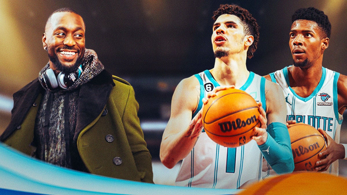 Kemba Walker (wearing normal clothes) on left smiling. Hornets LaMelo Ball, Hornets Brandon Miller both shooting basketballs on right.