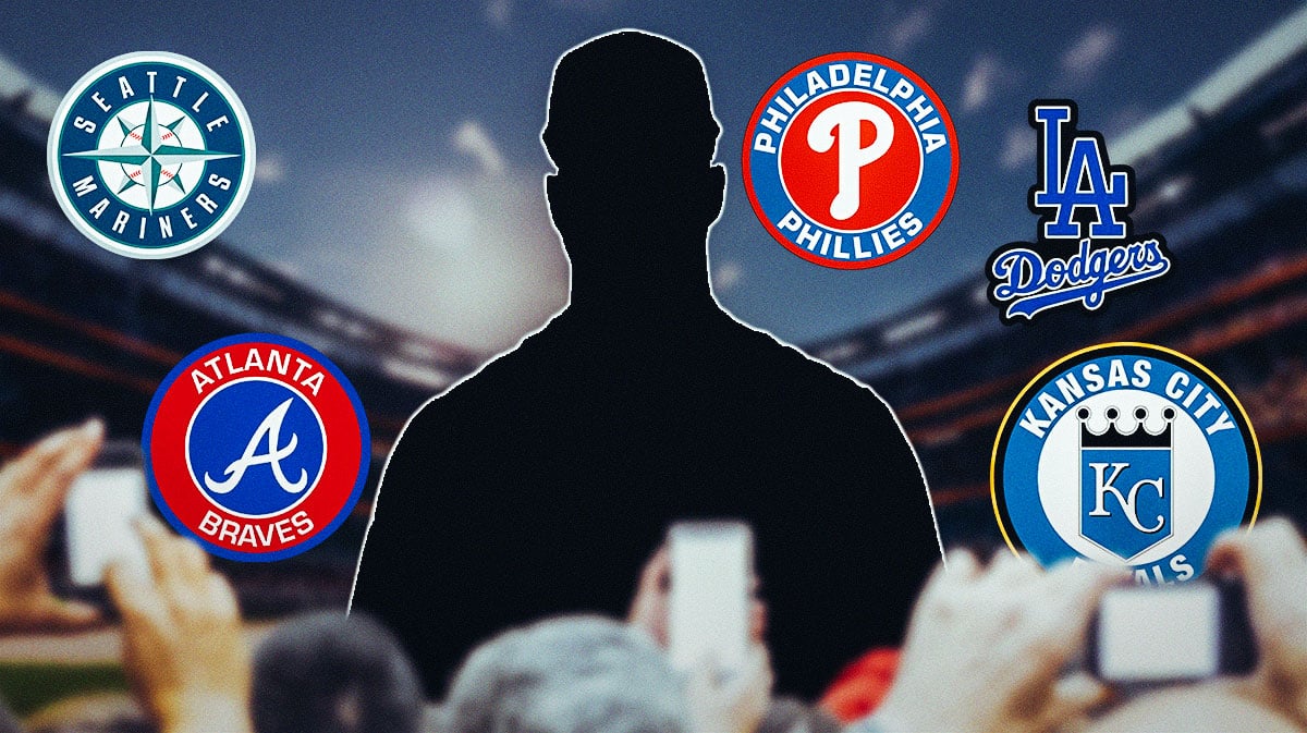 Luis Robert Jr (White Sox) in a blacked-out silhouette in the foreground with logos of possible destinations (Mariners, Braves, Phillies, Dodgers, Royals)