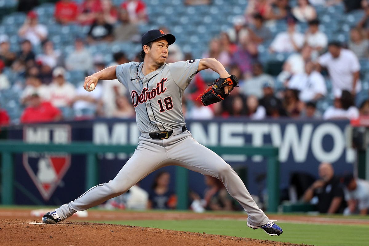 Jun 28, 2024; Anaheim, California, USA; Detroit Tigers starting pitcher Kenta Maeda (18) pitches during the third inning against the Los Angeles Angels at Angel Stadium. 