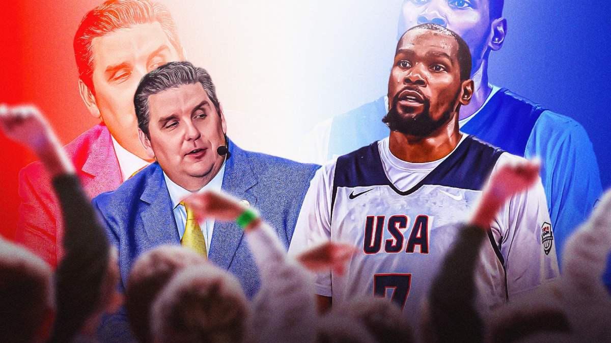 Kevin Durant in USA jersey angrily looks at Brian Windhorst