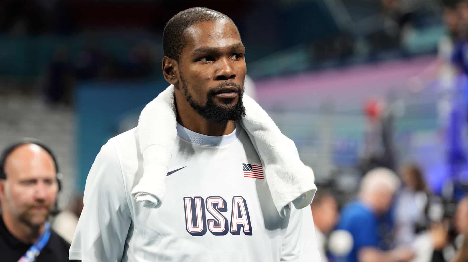 United States guard Kevin Durant (7) after a game against Serbia during the Paris 2024 Olympic Summer Games at Stade Pierre-Mauroy. 