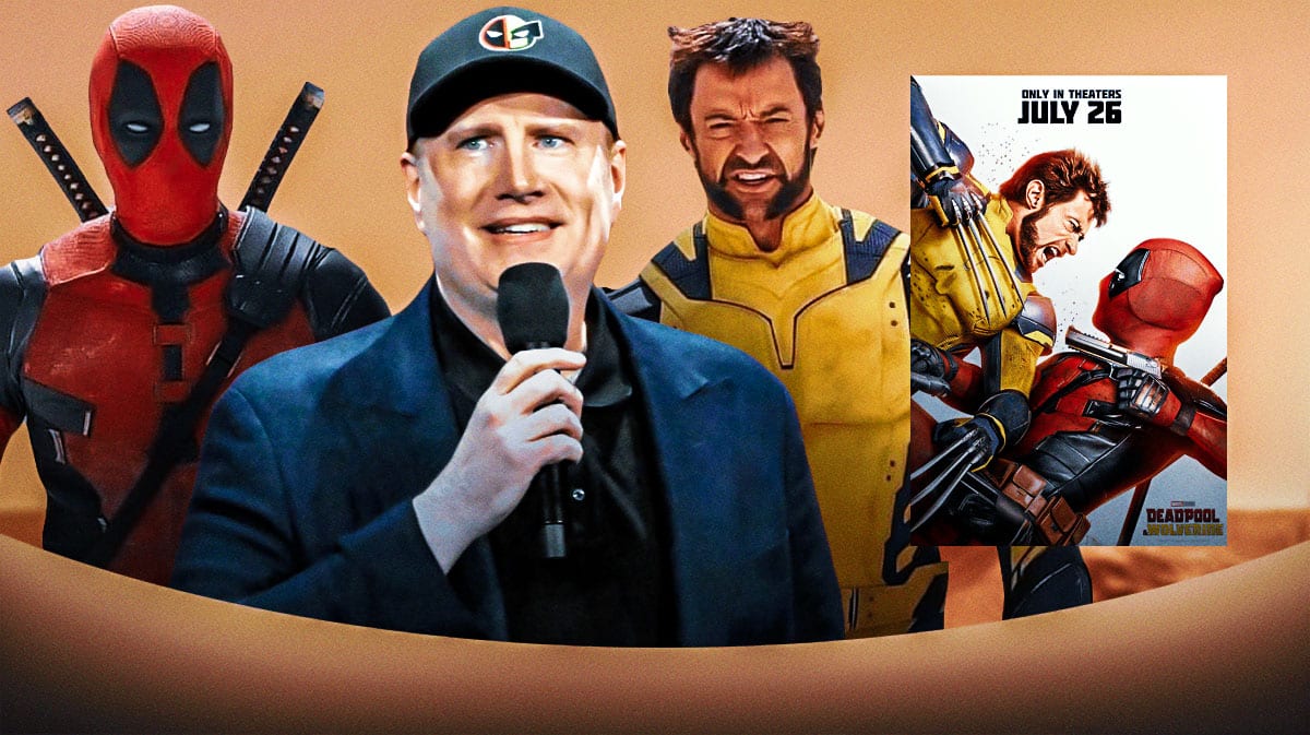 MCU head Kevin Feige with Deadpool (Ryan Reynolds) and Wolverine (Hugh Jackman) and poster.