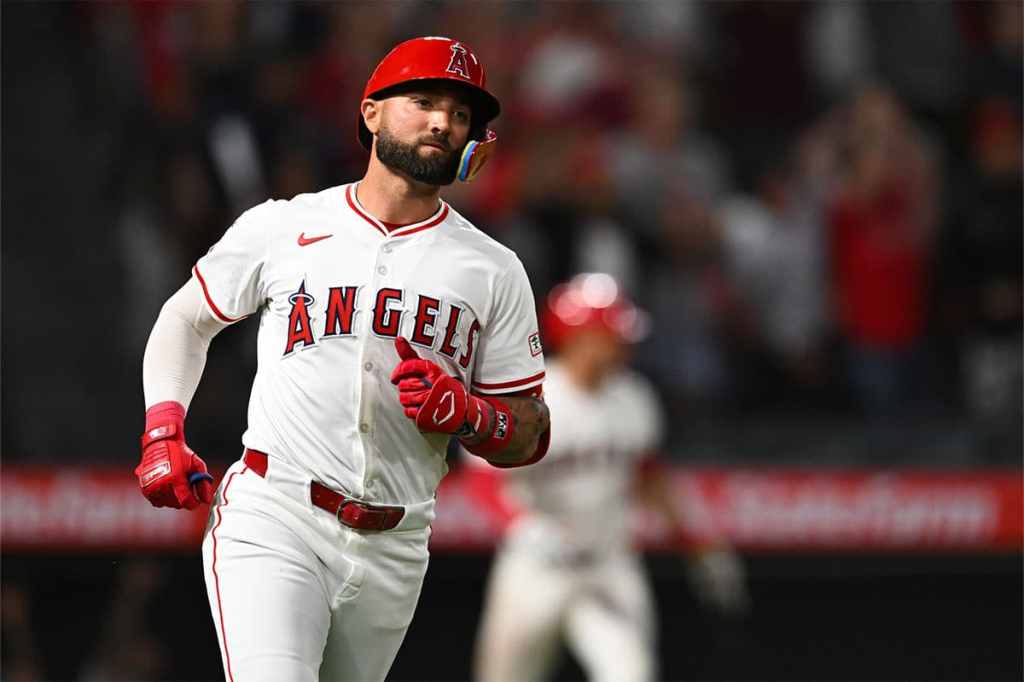 Los Angeles Angels outfielder Kevin Pillar (12) hits a home run to defeat the Detroit Tigers during the tenth inning at Angel Stadium.