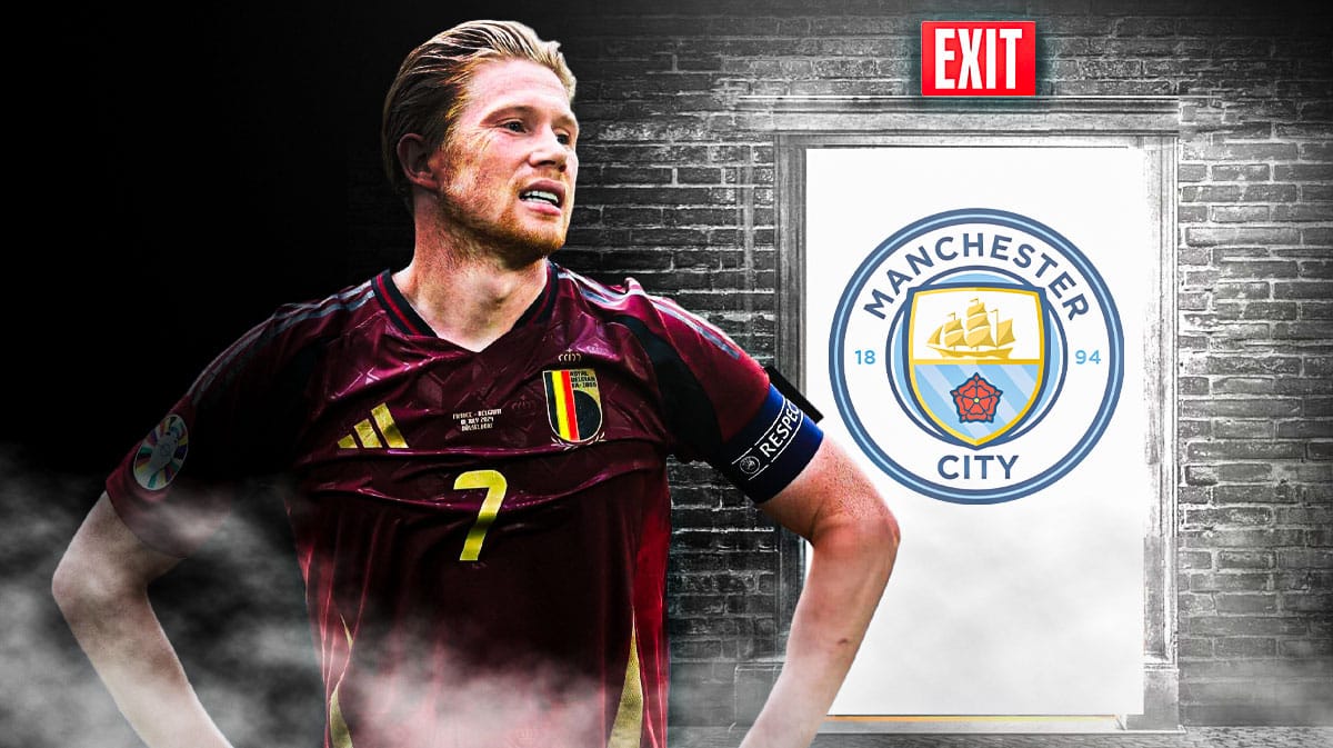 Kevin de Bruyne in front of an exit door and the Manchester City logo
