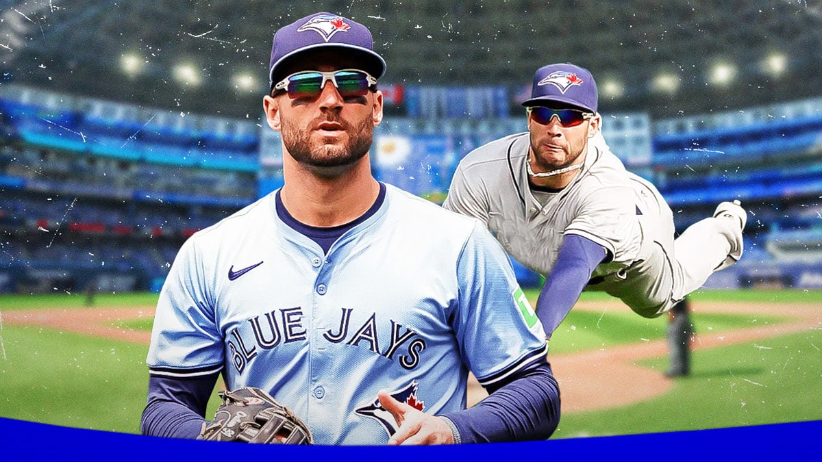 Blue Jays Kevin Kiermaier diving for a baseball and catching it in background. Then place Blue Jays Kevin Kiermaier in front looking serious.