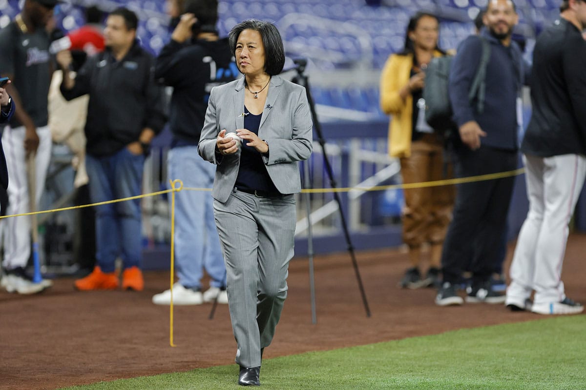 Miami Marlins general manager Kim Ng walks on the field prior to the game against the New York Mets.