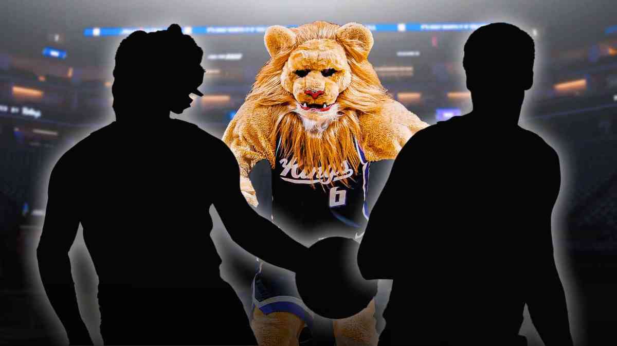 Silhouettes of Doug McDermott and Cedi Osman with Sacramento Kings mascot