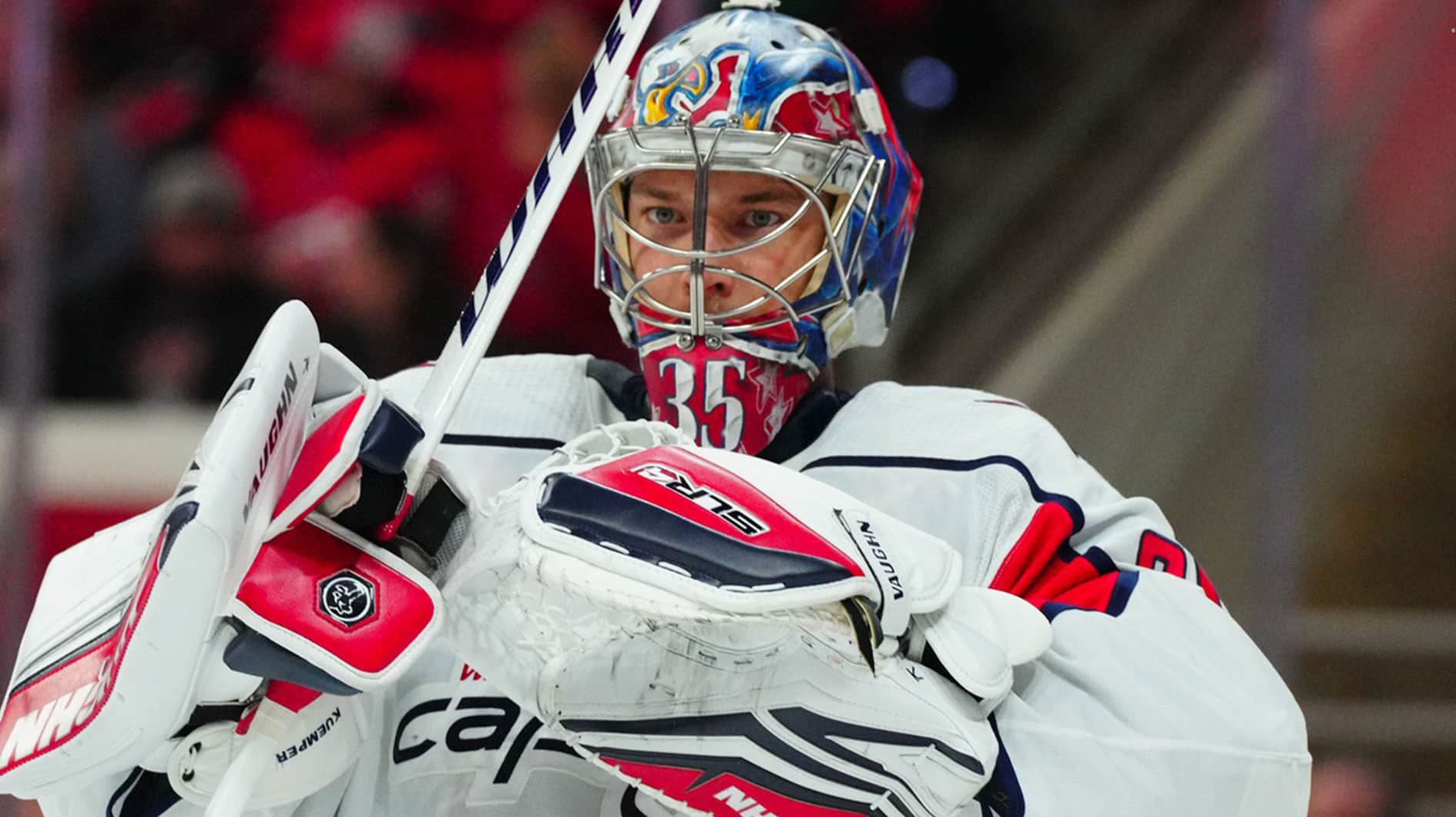 Washington Capitals goaltender Darcy Kuemper (35) looks on against the Carolina Hurricanes during the first period against the Carolina Hurricanes at PNC Arena.