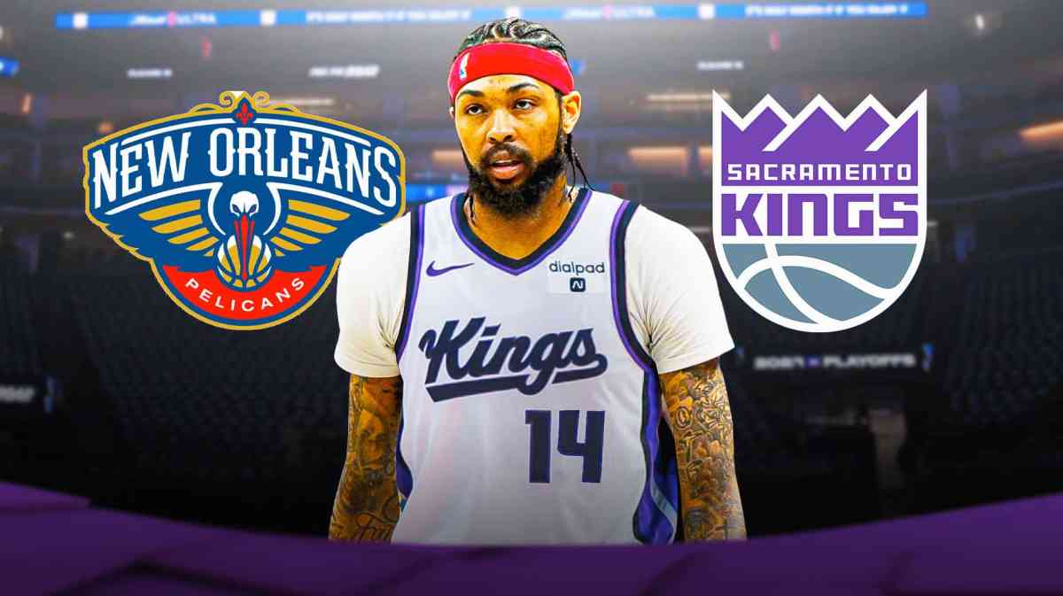 Brandon Ingram in Kings jersey. Kings and Pelicans logos in the background