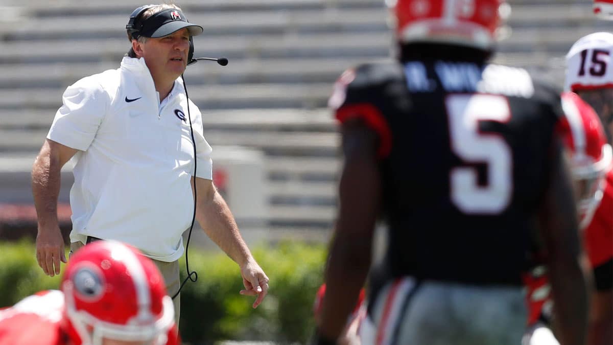 Georgia coach Kirby Smart looks on during the G-Day spring football game