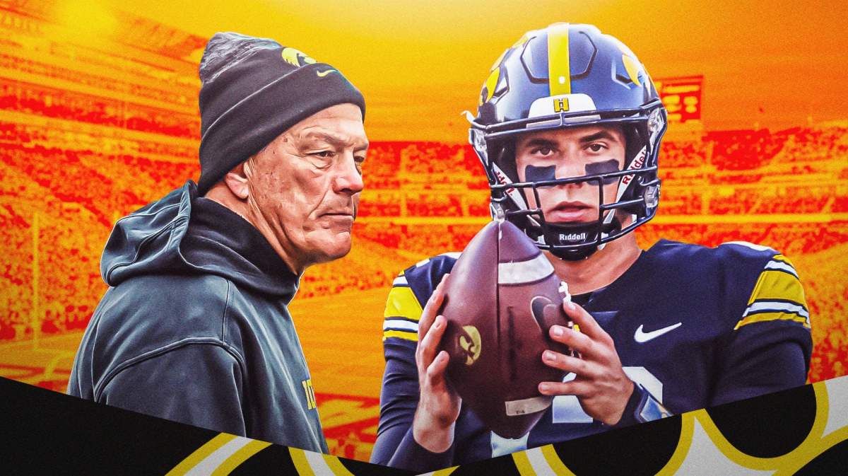 Iowa football, Hawkeyes, Kirk Ferentz, Cade McNamara, Tim Lester, Cade McNamara (in Iowa uni) and Kirk Ferentz with Iowa football stadium in the background