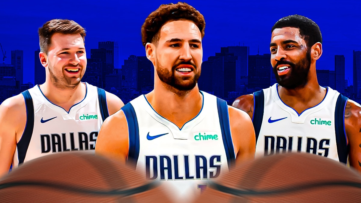 Klay Thompson in a Mavericks uniform. Have Thompson smiling in front with Mavericks Luka Doncic and Mavericks Kyrie Irving in background.
