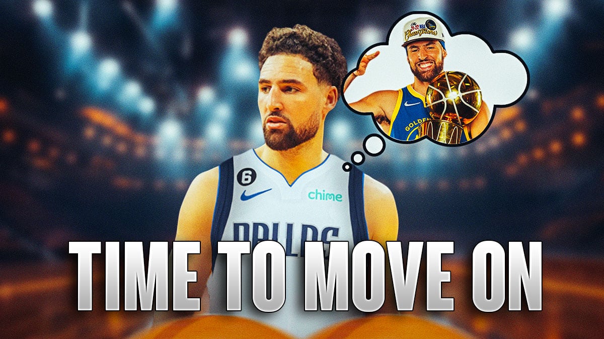 Mavericks' Klay Thompson with a thought bubble containing image of him holding the 2022 Larry O'Brien trophy with the Warriors, caption below: TIME TO MOVE ON