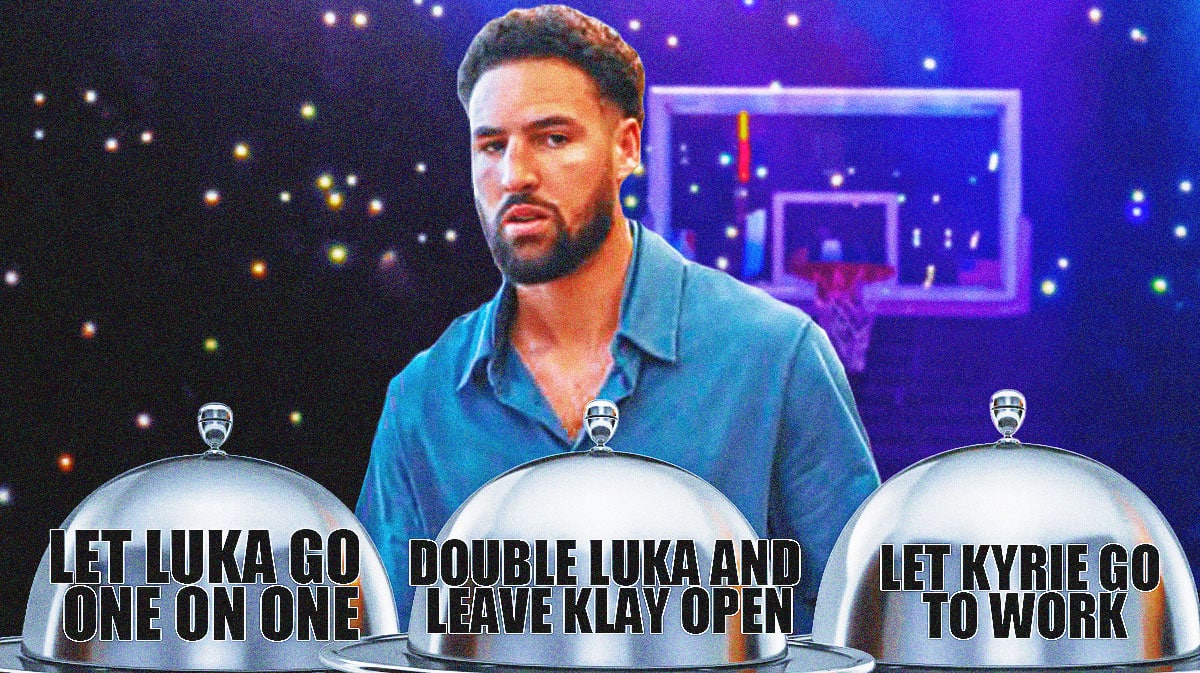 : Mavericks' Klay Thompson holding a table with three stainless steel dome dish covers, with caption on the dish covers: LET LUKA GO ONE ON ONE / DOUBLE LUKA AND LEAVE KLAY OPEN / LET KYRIE GO TO WORK
