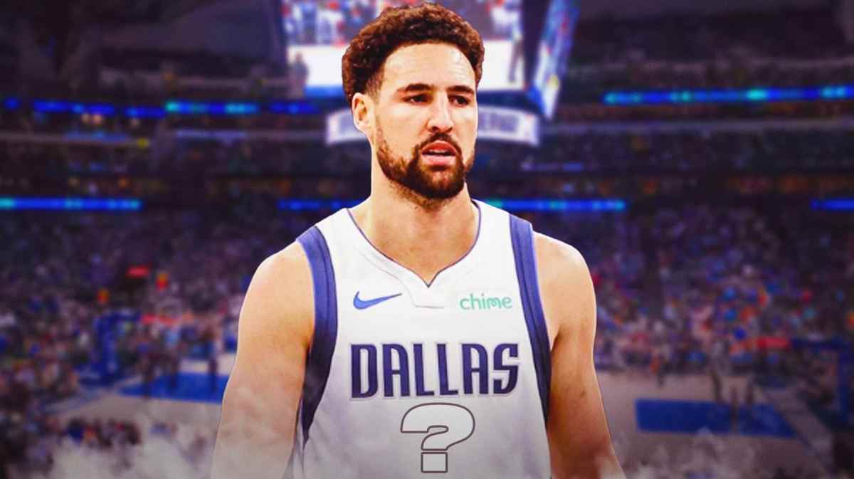 Klay Thompson in a Mavericks uniform with a question mark on the uniform.