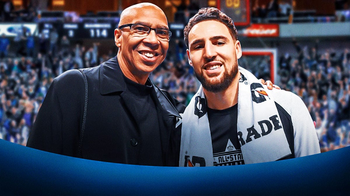 Dallas Mavericks star Klay Thompson and former Los Angeles Lakers star Mycal Thompson in front of American Airlines Center.