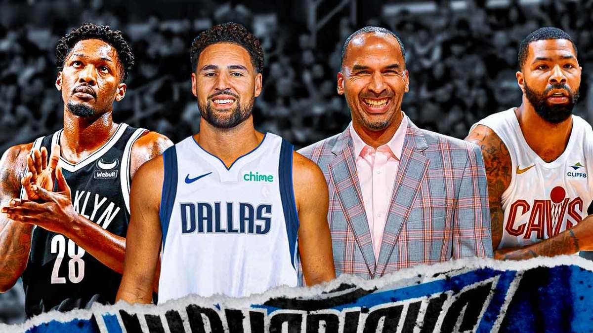 Klay Thompson in a Mavericks uniform in front. Mavericks GM Nico Harrison in background, Dorian Finney-Smith (Nets uniform) in background, Marcus Morris (Cavs uniform) in background.