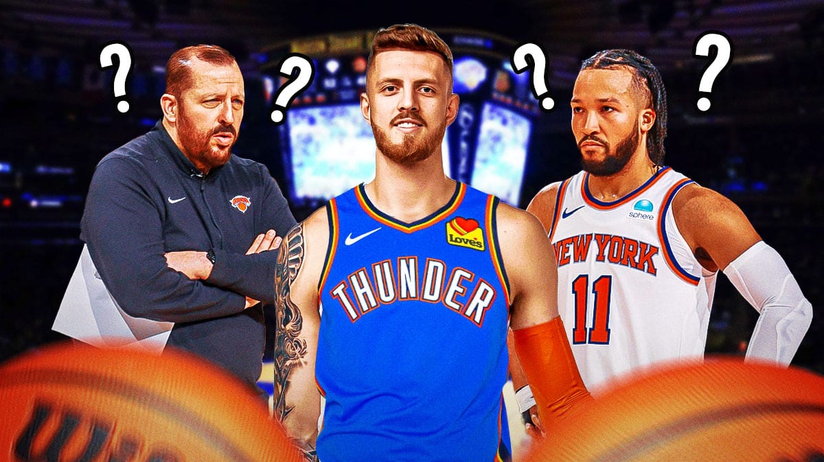 A smiling Isaiah Hartenstein in a Thunder jersey in the middle of the image with an angry Jalen Brunson and Tom Thibodeau on both sides of him and a question marks.