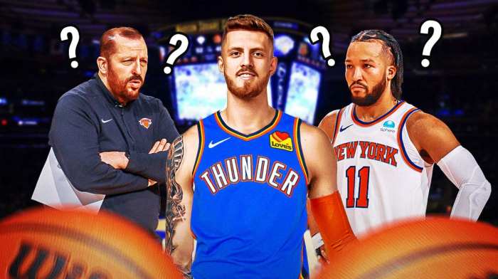 A smiling Isaiah Hartenstein in a Thunder jersey in the middle of the image with an angry Jalen Brunson and Tom Thibodeau on both sides of him and a question marks.