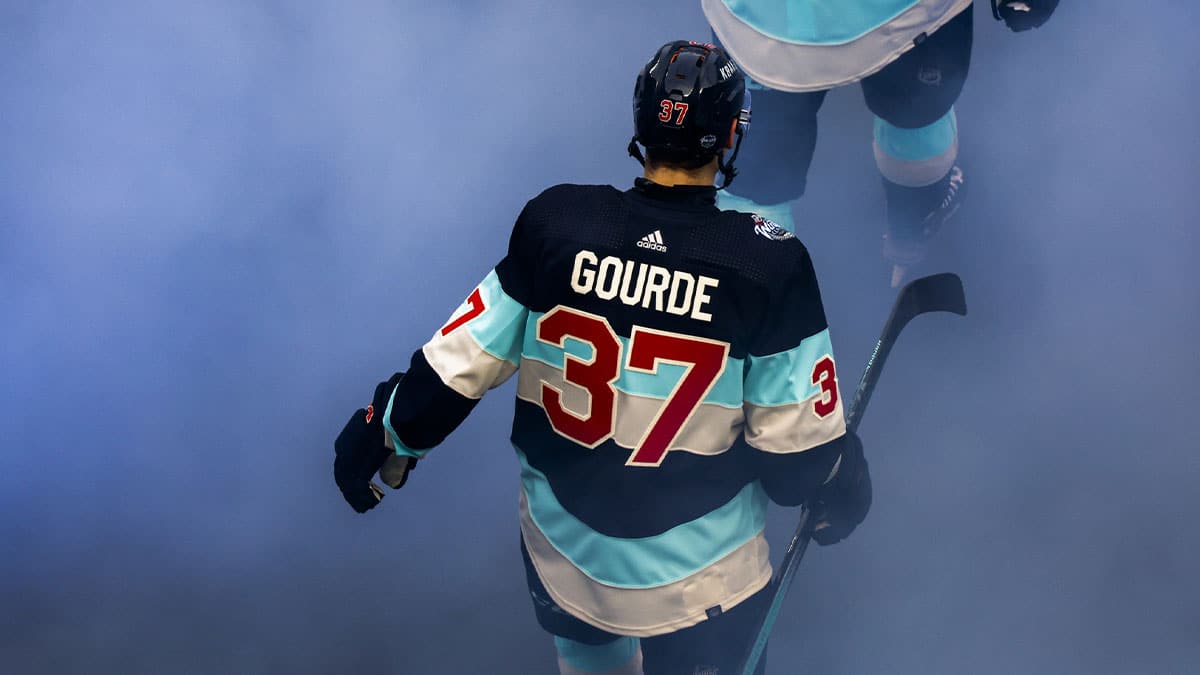 Seattle Kraken center Yanni Gourde (37) exits the locker room before the first period against the Vegas Golden Knights in the 2024 Winter Classic ice hockey game at T-Mobile Park.