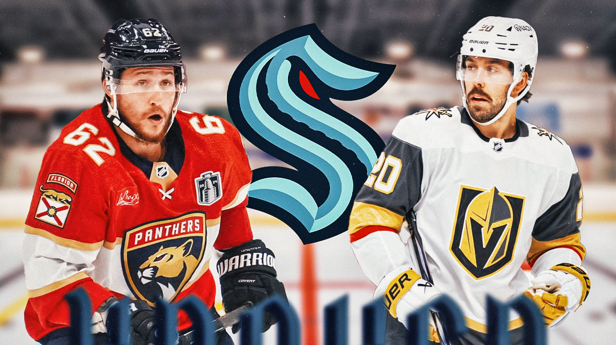 Brandon Montour and Chandler Stephenson on either side of image, Seattle Kraken logo in middle, hockey rink in background