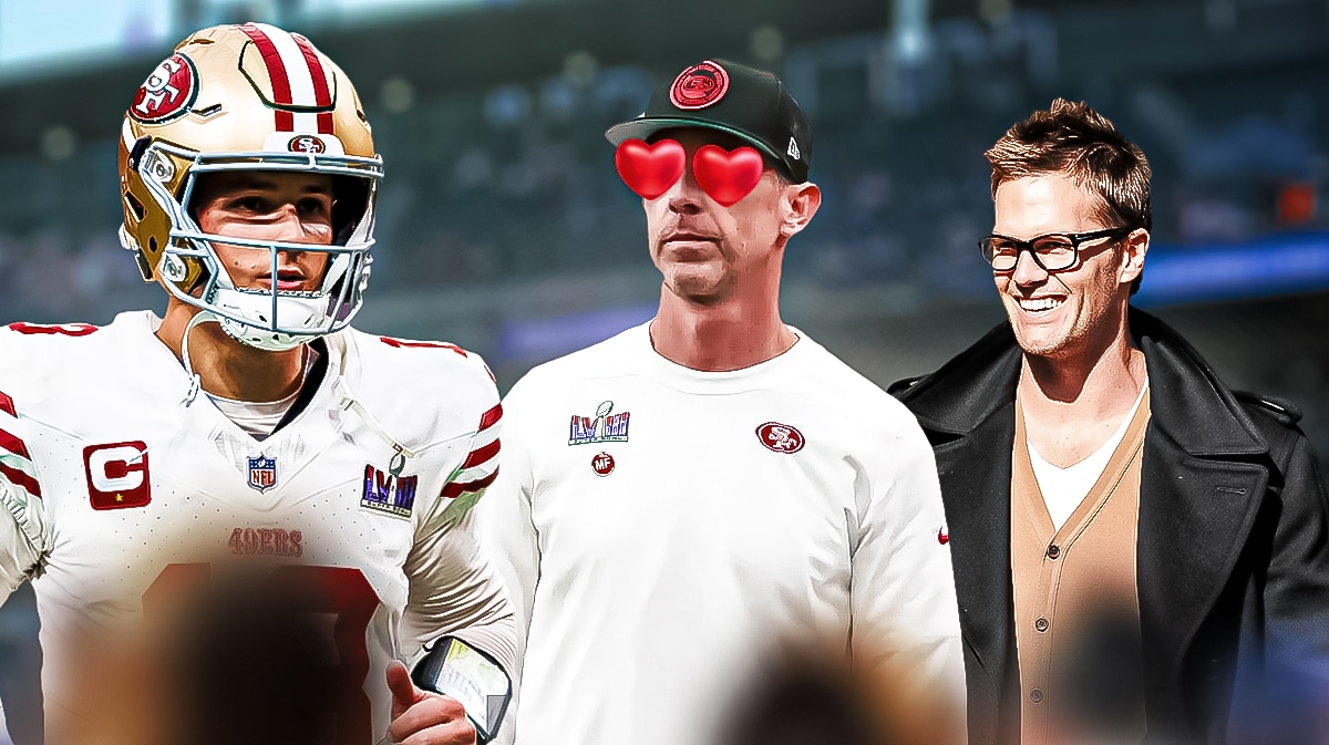 Tom Brady in street clothes. Kyle Shanahan with heart eyes looking at Brock Purdy