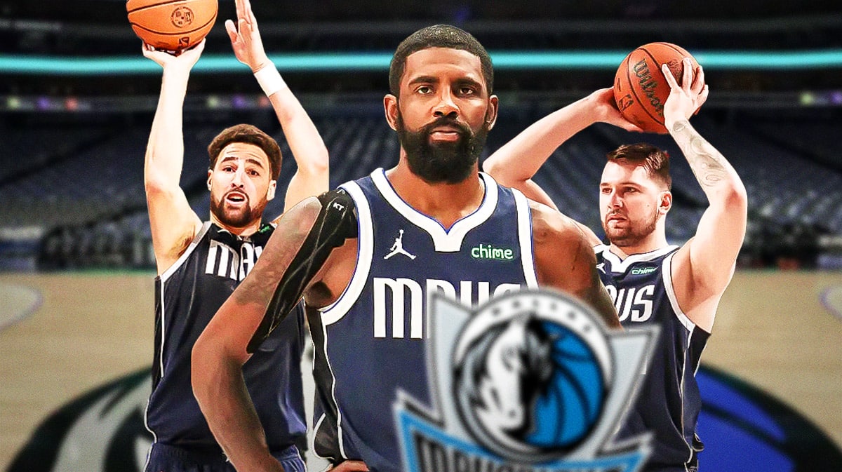Mavericks Klay Thompson on left shooting a basketball. Mavericks Luka Doncic on right passing a basketball. Mavericks Kyrie Irving in front looking serious.