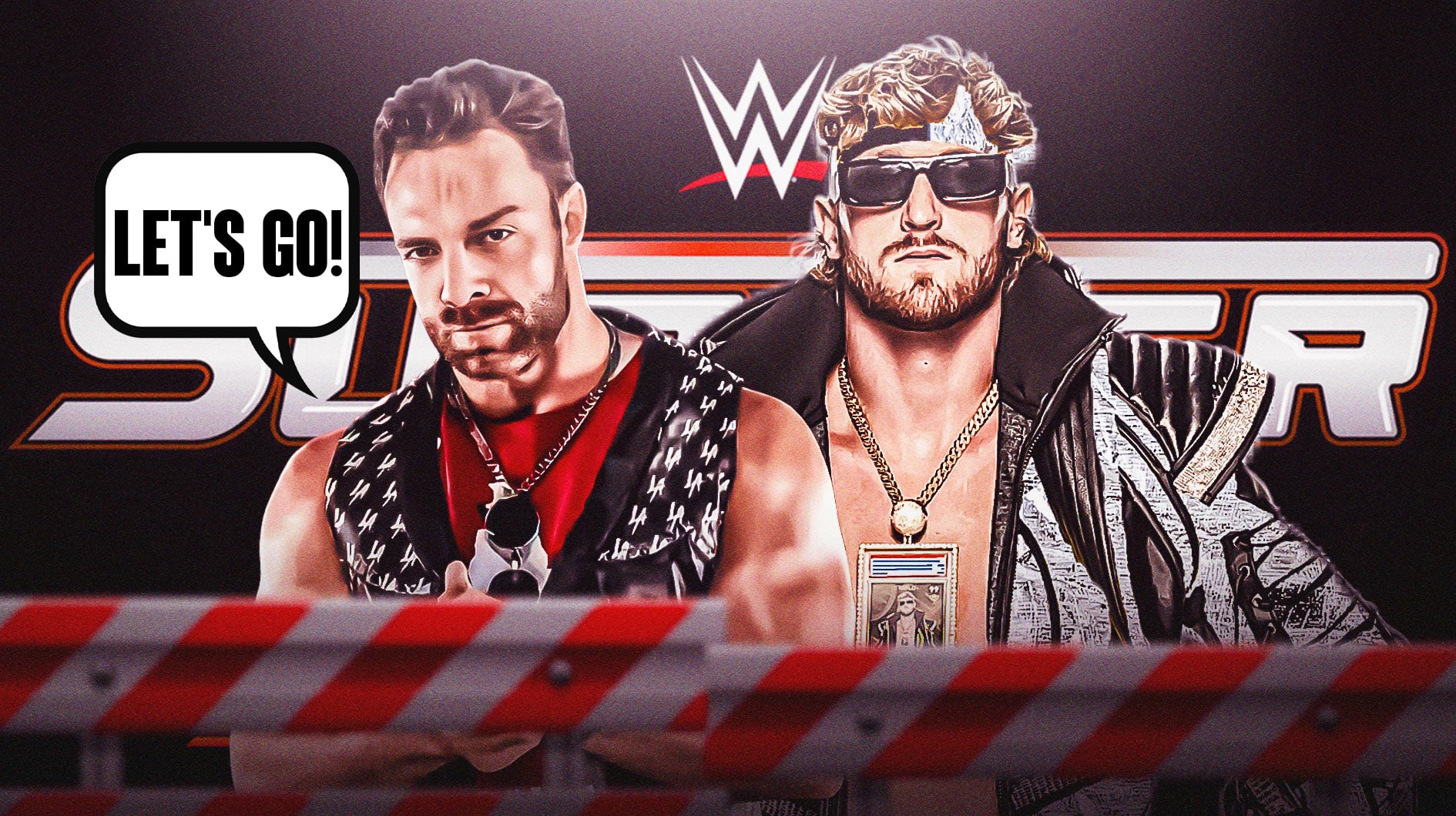 LA Knight with a text bubble reading "Let's go!" next to Logan Paul with the 2024 SummerSlam logo as the background.