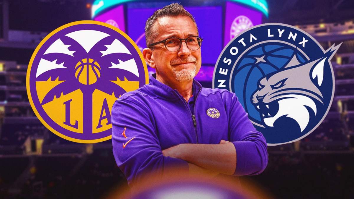 A current image of LA Sparks head coach Curt Miller with the Sparks and Minnesota Lynx logos in the background