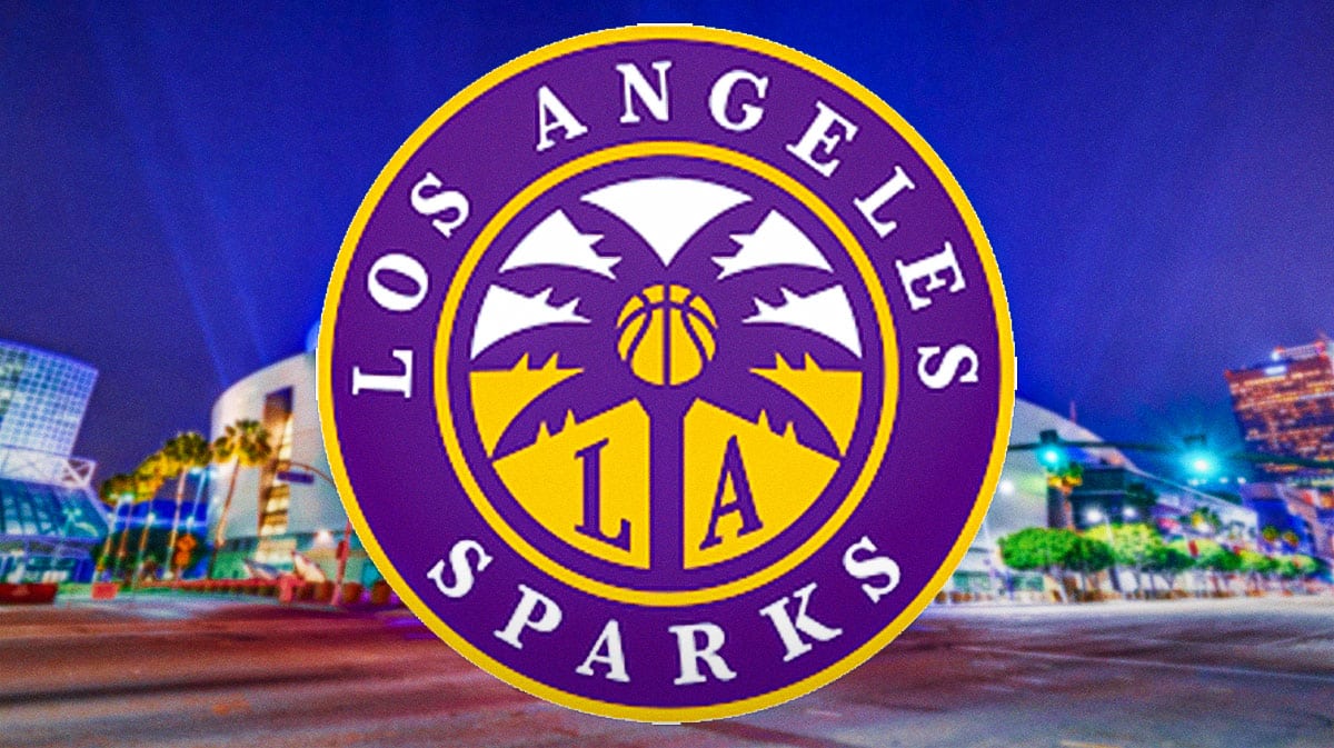 The WNBA Los Angeles Sparks logo and Crypto.com Arena in Los Angeles, California